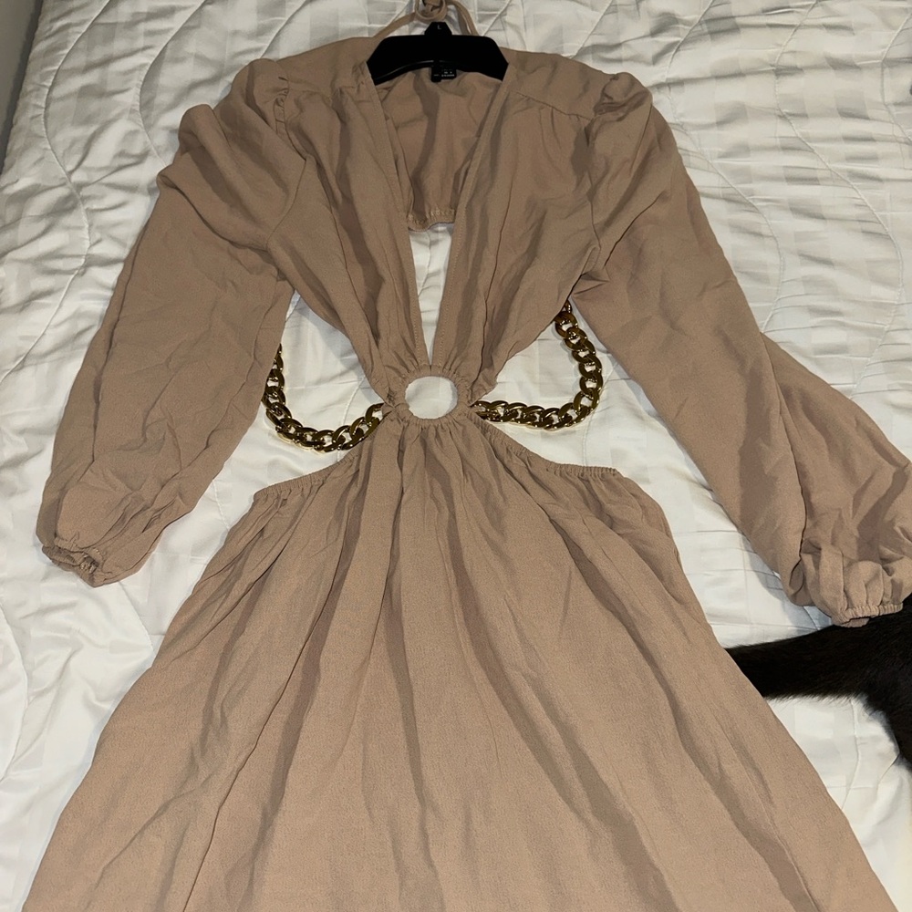 Elegant Tan Dress with Gold Chain Detail